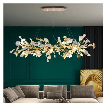 Imagem de Lustre moderno de galho de árvore compatível com sala de jantar, sala de estar, quarto, cozinha, bar, folha de ginkgo, dourado, redondo, lustre suspenso, luminária de lustre