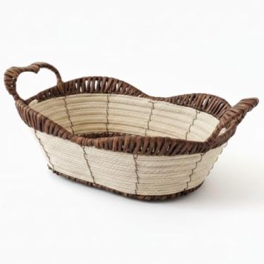 Imagem de Cesto Decorativo Oval 38cm para Pães e Frutas – Fruteira de Mesa em Plástico com Detalhes em Metal, Elegante e Resistente para Cozinha e Sala (Marrom Escuro)