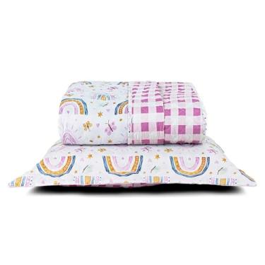 Imagem de Kit Cobre Leito Colcha Solteiro Infantil Lutti Dupla Face 200 Fios 2 Peças Arco Íris Rainbow Rosa