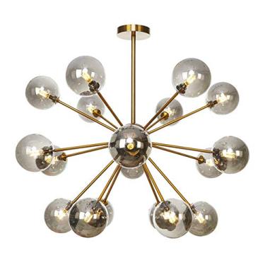Imagem de Lustre de bola de vidro de meados do século com acabamento em latão, luminária pendente de 18 galhos de luz para sala de estar, cozinha, escadas, vidro fumê, G4, luminária de teto semi-embut