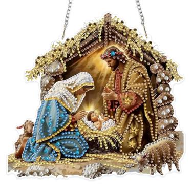 Imagem de MOGTAA Kits de pendurar arte de diamante de Natal para adultos e crianças, Jesus Diamond Art Suncatchers, kit de pingente de janela de pintura de diamante de forma especial 5D para decoração de parede