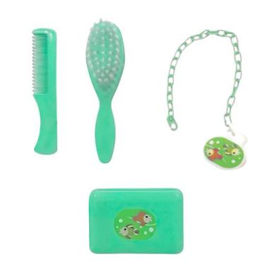 Imagem de Kit Banho Bebê Escova Pente Saboneteira E Prendedor Murano, Verde