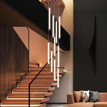 Imagem de Lustre moderno de escada grande com altura ajustável LED, luminária pendente de ferro preto, iluminação criativa de teto alto chique, adequada para hotel, villa, bar, lobby, lâmpada suspensa