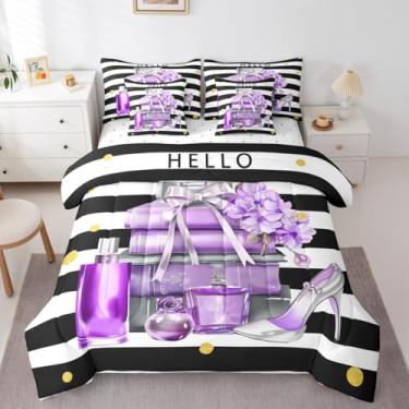 Imagem de Erosebridal Conjunto de edredom preto e roxo com lençol solteiro, moderno, preto, branco, feminino, 7 peças, para meninas, mulheres, florais, perfumes, listras, em uma bolsa, livros de revistas de