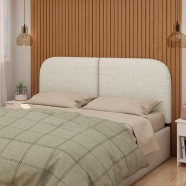 Imagem de Cabeceira Estofada Orgânica para Cama Casal, 140 cm, Tecido Bouclé Bege, Montagem na Parede