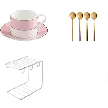 Imagem de Conjunto de chávenas de chá de estilo europeu e pires conjuntos de 4 xícaras de café expresso com acabamento dourado porcelana 198 g xícaras de café com pires colheres (cor: cinza azul) (rosa claro)