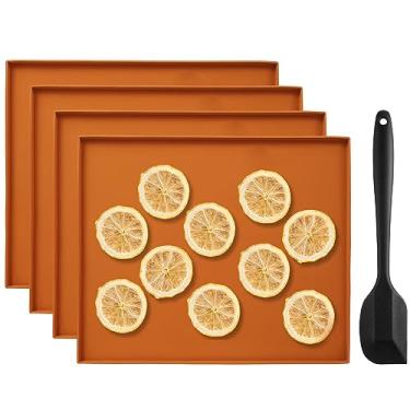 Imagem de 4 peças de folhas de desidratador de silicone com borda antiaderente, tapetes desidratadores de silicone com raspador, forros de bandeja resistentes ao calor para frutas, couro, carne líquida, legumes
