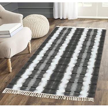 Imagem de Tapete de área com borlas tie dye étnico abstrato Chevrons ornamento psicodélico preto branco boho tecido franja tapete de chão almofada pátio corredor tapete minimalista decoração de casa sala de