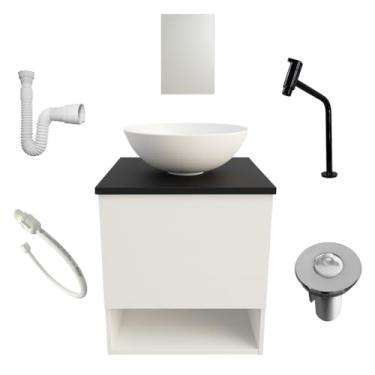 Imagem de Gabinete Armario Banheiro Aereo 40cm Pia Redonda Espelho Torneira Preta MDP Preto Completo