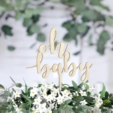 Imagem de Oh Baby Cake Topper in Wood Baby Shower Gender Reveal Party Cake Decoration Birthday Cake Sign for Boys and Girls