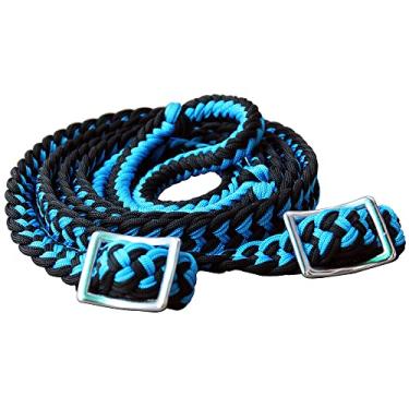 Imagem de HILASON Rédeas de corrida de cavalos de poliéster trançadas com nós planos de aderência 2,5 cm x 2,8 m, azul-royal e preto | Presentes de rédeas