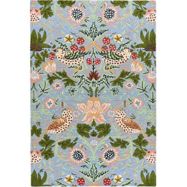 Imagem de Tapete contemporâneo de lã de morango – Tapete floral e botânico inspirado no jardim feito à mão | Design grosso e durável, perfeito para sala de estar e quarto (azul claro, 9,5 x 1,5 m)