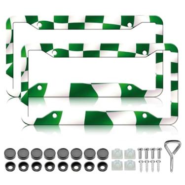 Imagem de Moldura de placa de licença padrão de tabuleiro de xadrez - 2 peças de suporte de placa de licença de metal de alumínio abstrato verde padrão de tabuleiro de xadrez, à prova de ferrugem, à prova de