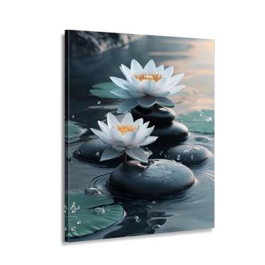Imagem de CANLUNTE Arte de parede flores de lótus pedras na água tela à prova d'água pintura a óleo digital para decoração de banheiro casa spa arte HD grande tela de ioga e meditação (arte 3,3 cm x 101,6 cm