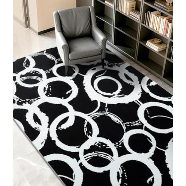 Imagem de YIHOUSE Tapete geométrico moderno preto 12 x 18 cm, preto e branco com círculos abstratos, tapetes laváveis que não caem para quarto, escritório em casa e pequena sala de estar