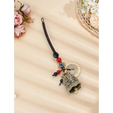Imagem de 1 chaveiro de sino de latão, ornamento Feng Shui de bronze antigo com moeda e contas de plástico pingentes decorações para riqueza e saúde em casa pendurado pingente de sino de vento, 13 cm