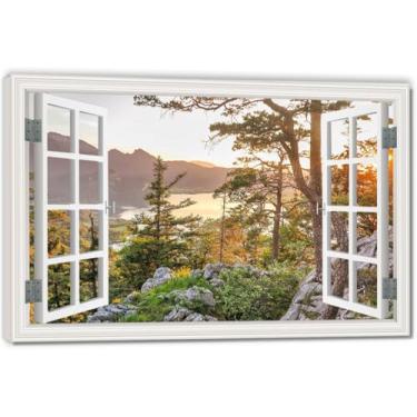 Imagem de Morning Light RisesImpressão artística em tela de ilusão de janela falsa, arte de parede com vista panorâmica real para sala de estar 80 x 120 cm emoldurada