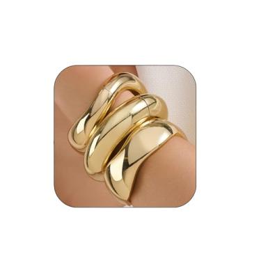 Imagem de Pulseiras grossas de ouro empilháveis empilháveis para mulheres, conjunto de pulseiras empilháveis largas banhadas a ouro 14 k na moda joias presentes, Medium, liga de zinco-ferro, Sem Pedra Preciosa
