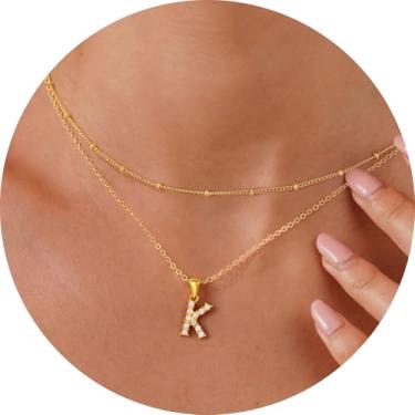 Imagem de Colar feminino com inicial CZ em camadas, pingente delicado de letra A a Z, joia banhada a ouro de corrente dupla, presente personalizado, 14+2in/16+2in, Aço inoxidável, Sem Pedra Preciosa