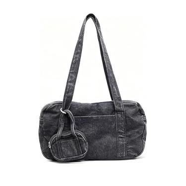 Imagem de Bolsa Bowler Bag Denim Bolsa de Boliche com Mini Bolsa de Moedas Jeans Lavado Casual Grande Capacidade Bolsa de Viagem para Mulheres, Preto