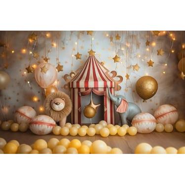 Imagem de ZJRBJB 2,1 x 1,5 m decoração de circo de carnaval vermelho balão estrelas fundo de festa de aniversário leões elefantes animais porta-chá de bebê ou petisco faixa de aniversário Halloween cabine de