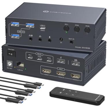 Imagem de Estação de ancoragem Thunderbolt 4 KVM para 3 monitores, 3 laptops ou Macbooks, tela HDMI tripla 4K a 60Hz com DisplayLink permite que 3 computadores compartilhem portas Ethernet, áudio e USB-A/C de