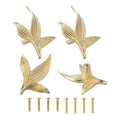 Imagem de BOLWHAO Puxadores de armário sólidos em folha dourada, puxadores de gaveta de furo único de liga de zinco de 6 cm, alça elegante em forma de folha para armário de cômoda (4 peças)