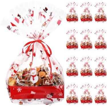 Imagem de Tenceur 12 kits de bandeja de boneco de neve de Natal, 24 x 24 cm, sacos de biscoito de celofane de Natal com bandejas de papel, cestas de papel de Natal com saco de azevinho de plástico e fita para