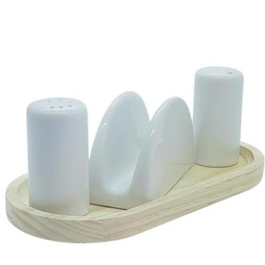 Imagem de Kit Cozinha 4 Peças: Sal, Paliteiro e Porta Guardanapo em Porcelana co