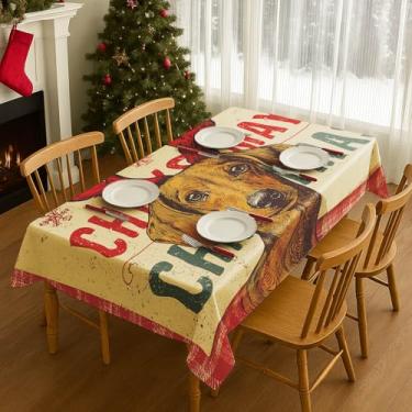 Imagem de HOMETITUTE Toalha de mesa de Natal vintage com estampa de cachorro dachshund com chifres de rena 203 x 152 cm, capa de mesa retangular, festiva para sala de jantar, decoração de festa de Natal de