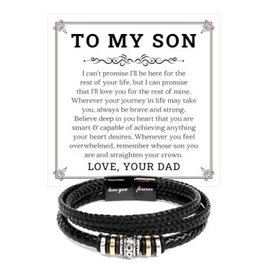 Imagem de Pulseira To My Son, presente para aniversário do meu filho com cartão de mensagem e caixa de presente., To My Son Bracelet, Couro, Sem Pedra Preciosa