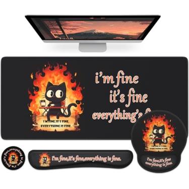 Imagem de HAOCOO Descanso de pulso ergonômico de espuma viscoelástica com suporte de mouse pad, bordas costuradas grande tapete de mesa para jogos com porta-copos conjunto 4 em 1, base antiderrapante para