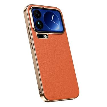 Imagem de FWYANZH Capa de couro genuíno para Xiaomi 17 Pro Max/17 Pro/17, capa magnética galvanizada de carregamento sem fio fina à prova de choque capa de proteção para câmera, laranja, 17 Pro