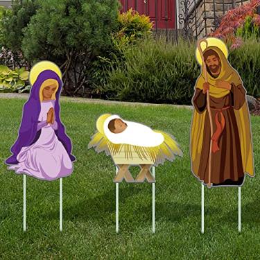 Imagem de 3 Peças Presépio ao Ar Livre Natal Sagrada Família Decoração de Jardim Conjunto de Presépio Afro-Americano Cena de Manjedoura Sinais Religiosos Decoração de Jardim de Feriado