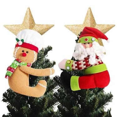 Imagem de Decoração de topo de árvore de Natal, enfeite exclusivo de pelúcia engraçado, Papai Noel, homem de gengibre, homem de neve, elfo com estrela, cortina de Natal, garrafa de vinho, escada, enfeite de