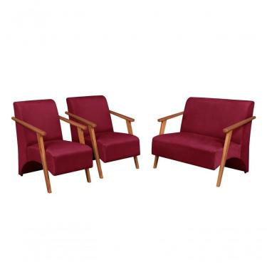 Imagem de Conjunto Venus Braços Em Madeira Maciça 1 Namoradeira 2 Poltronas Suede Unidecor Bordô