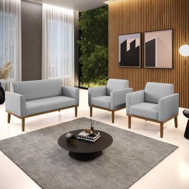 Imagem de Conjunto 2 Poltronas E 1 Namoradeira Decorativa Pés Fixo Em Madeira Castanho Linho Cinza