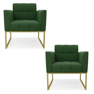 Imagem de Kit 2 Poltronas Elisa Suede Base Metálica Industrial Dourado - D'rossi Cor Verde