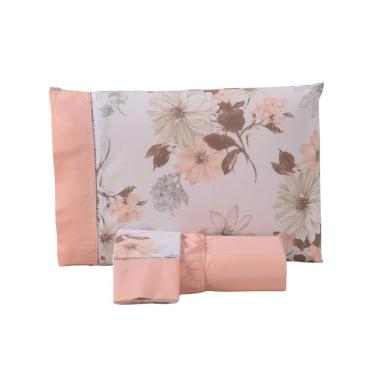 Imagem de Jogo de Lençol Encantare Ponto Palito Estampado Completo 4 Peças Casal 80% Algodão / 20% Poliéster Percal 180 Fios - Sal