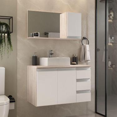 Imagem de Conjunto Gabinete Banheiro Prisma 80cm Gabinete + Cuba + Espelheira Madeirado Branco