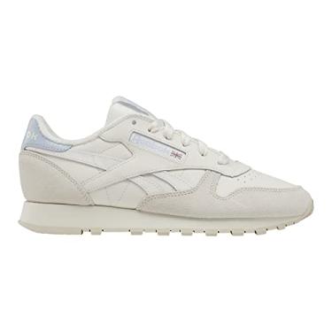 Imagem de Reebok Tênis de corrida feminino de couro clássico, Giz/Giz vintage/Feel Good Blue, 37