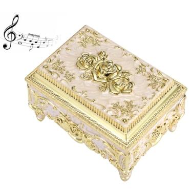 Imagem de ELLDOO Caixa de música vintage, caixa de joias musical de metal bege, pequena caixa de armazenamento de joias de presente para meninas e mulheres (melodia: You are My Sunshine), padrão rosa dourado