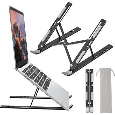 Imagem de Suporte de laptop para mesa, design ergonômico, ajustável, portátil, dobrável, para laptop, com bolsa de armazenamento, suporte ventilado para notebooks de 10 a 15,6 polegadas, preto