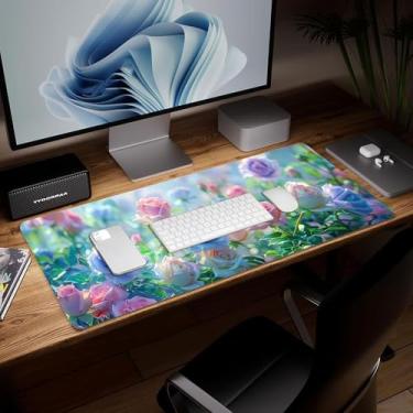 Imagem de Tapete de mesa de flor de couro, mouse pad de arte colorida grande teclado de computador mousepad para jogos à prova d'água protetor e capa de mesa, tapete de mouse decorativo de couro PU para laptop