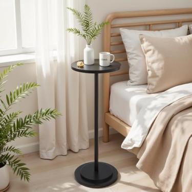 Imagem de OIKASSU Mesa de bebida redonda de pedra premium, mesa de centro com base de mármore resistente, mesa de canto com detalhes de coquetel para sala de estar, base pesada pequena mesa lateral para quarto