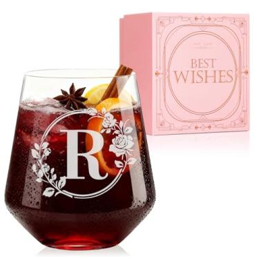 Imagem de Taça de vinho personalizada sem haste – Taças iniciais com monograma gravadas personalizadas, presentes de vinho para mulheres, presente de dia das mães para filha, avó, esposa, irmã, amiga-R