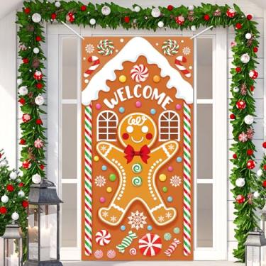 Imagem de Panelee Decoração de porta de casa de gengibre 70,9 x 35,4 polegadas Faixa de porta de pão de gengibre decoração de fundo de doces de Natal para varanda da frente, garagem, suprimentos de festa de