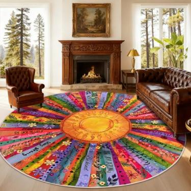 Imagem de Likiyol Tapete redondo Sun 1,2 m, antiderrapante, lavável, redondo, tapete para sala de estar, tapete de quarto inspirador de caxemira sintética macio, tapetes coloridos de perfil baixo para sala de