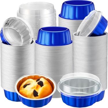 Imagem de Gejoy 180 peças de ramequins descartáveis de 227 g com tampas, copos de folha de alumínio com tampas, cupcake de sobremesa creme brulee, forro de cupcake para festa de pudim e sobremesa (azul precioso