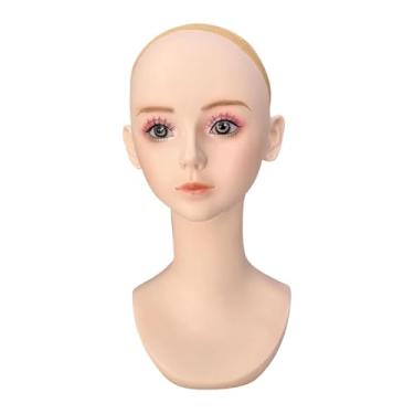 Imagem de Kokiya Busto de cabeça de manequim feminino, suporte de exposição de peruca com touca de peruca com maquiagem para cabeleireiro, barbeiro, acessórios de